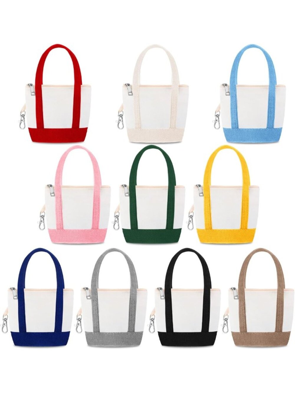 Mini Tote Bag Keychain Set - 10pcs Zipper Canvas Pouch Charm for Women